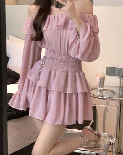 maoxiangshop Two Piece Sets Womens Outifits  New Fashion Casual Long Sleeve Chiffon Tops Chic Solid High Waisted Mini Skirt Sets