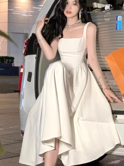 Summer New Women Elegant Midi Lace Up White Dresses Wedding Evening Birthday Holiday Backless Prom Clothes New Robe