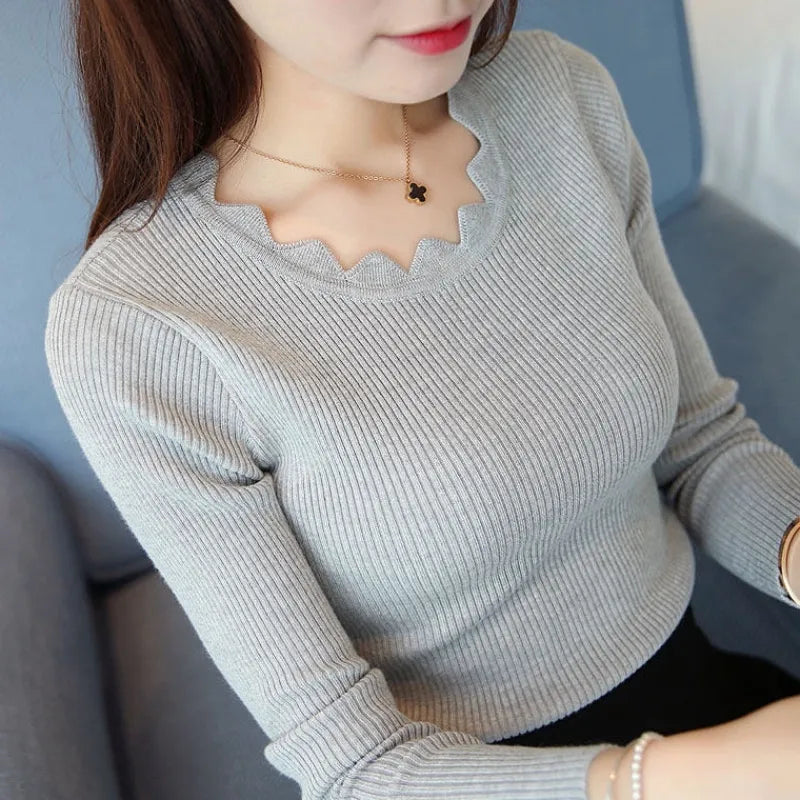 maoxiangshop Casual Solid Sweater Women Knitted Slim White Pullover Long Sleeve Tops Autumn Winter Butterfly Neck Jumper Female