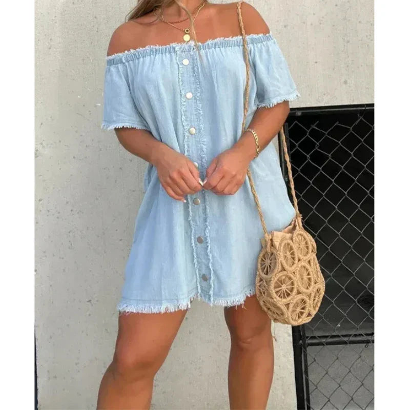 maoxiangshop Shirt Dress Denim Jeans Dresses Women Off Shoulder Slash Neck Blue Tassel Single Breasted A Line Mini Vestidos Streetwear