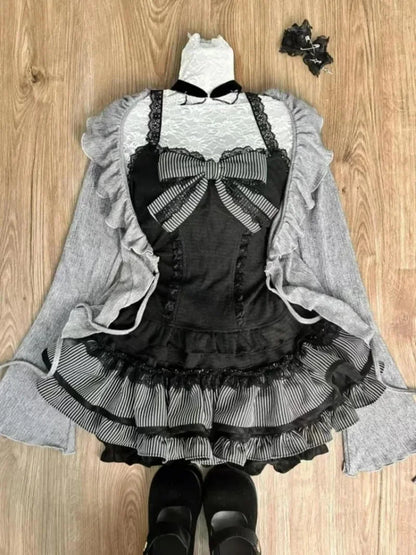 maoxiangshop  -  Sweet Lolita Lace Up Ruffles Cardigan+ Sexy Slim Fit Strapless Vest Tops+ High Waist Ruched Skirts Early Autumn Three Piece Sets