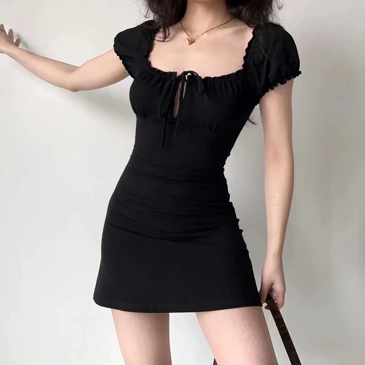 maoxiangshop Summer Sexy Mini Dress Women Short Sleeved Lace up Hollow Casual Backless Folds Bodycon Black Dress Party Elegant A-LINE Dresses