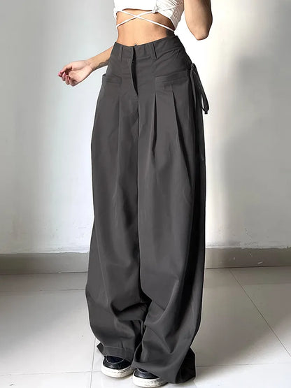 maoxiangshopShirring Casual Wide Leg Pants Women High Waist Street Basic Loose Sweat Trousers Korean Retro Gray Office Lady Pants