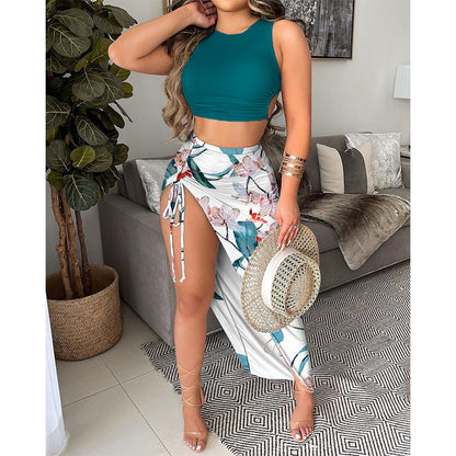 maoxiangshop Summer Beach Style Sexy Drawstring Ruched Top & Floral Print High Slit Skirt Set Women Tank Tops Midi Dress Daily Wear