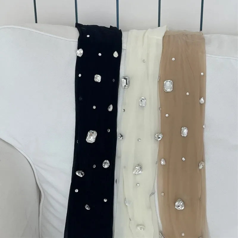 maoxiangshop -  Rhinestones Splice Pantyhose Women Thigh Mesh Sexy See Through Solid Stockings Hot Girl Autumn Clubwear Tights Femme