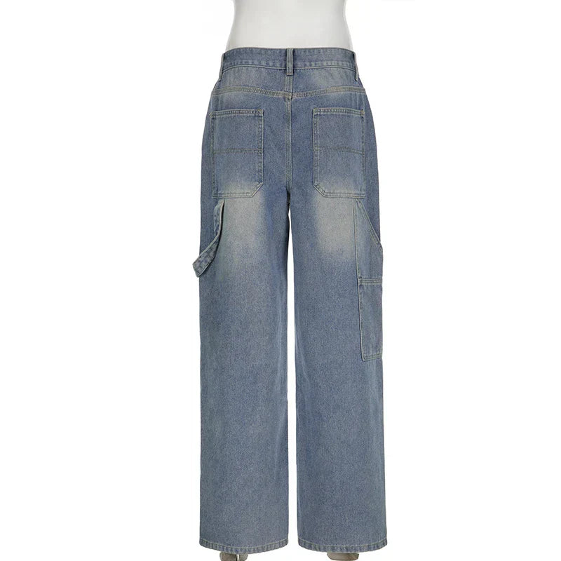 Casual Loose Low Waist Baggy Jeans Women Hole Straight Leg Washed Streetwear Pockets Denim Trousers Distressed Bottom