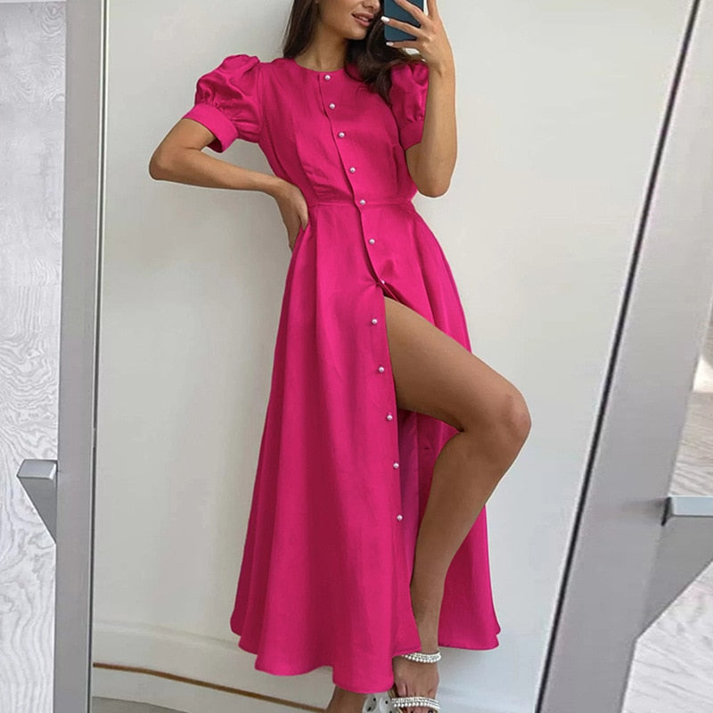 maoxiangshop Women's Summer Long Dress Slit Orange Elegant Short Sleeve Maxi Dresses Office Ladies Buttons Holiday Shirt Dress For Women