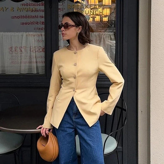 maoxiangshop  -  Solid O Neck Women Coats Long Sleeve Straight Female Jackets 2024 Fashion Autumn Elegant Office Pockets Single Breasted Lady Top