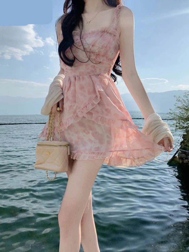 maoxiangshop Summer Pink Floral Y2k Mini Dress Woman Sweet One Piece Dress Korean Fashion Chiffon Long Sleeve Short Party Dress Beach