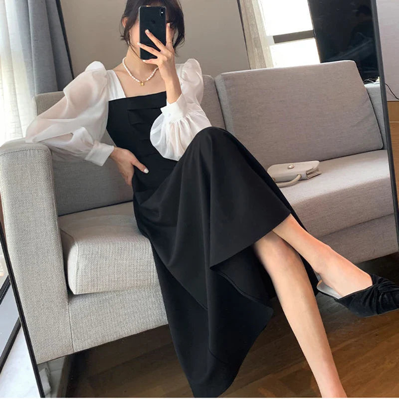 Korean Black Dress Women Elegant Fashion Summer Office Ladies High Waist Dress Chiffon Patchwork Square Collar A Line Vestidos