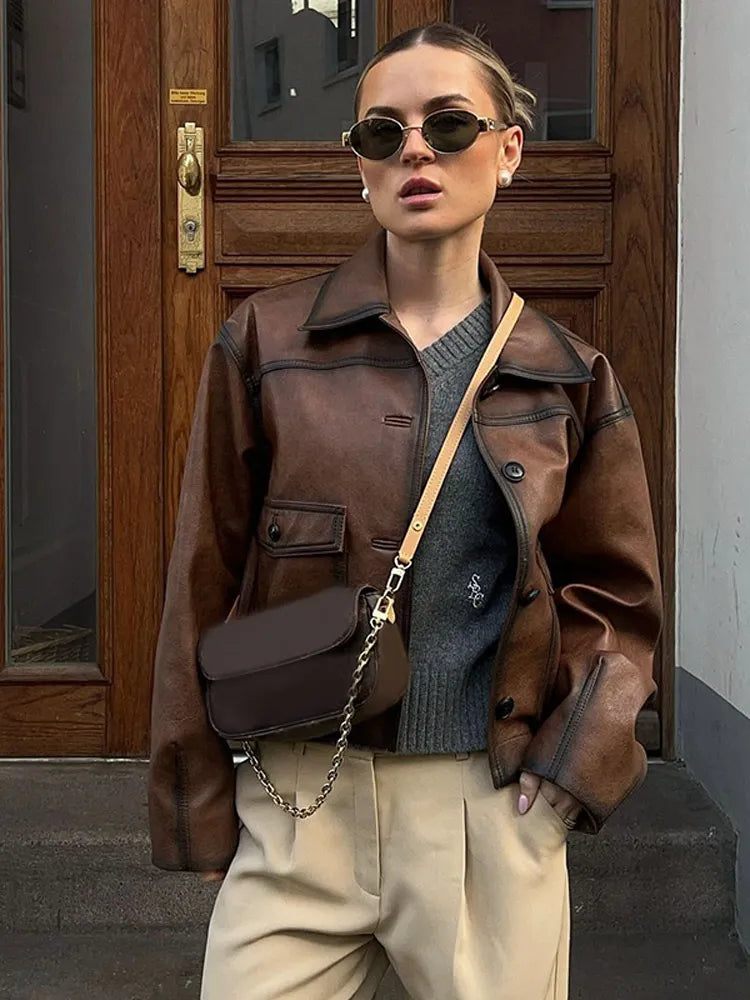 maoxiangshop  -  Retro Solid Color Button Pu Women's Leather Jacket Fashion Collar Pocket Long Sleeved Coat Autumn Ladies Casual High Streetwear