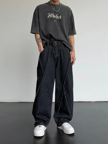 maoxiangshop 2024 Men HipHop Distressed Jeans Pants Men Ripped Patchwork Denim Pants Male Oversized Loose Casual Streetwear Wide Leg Trousers