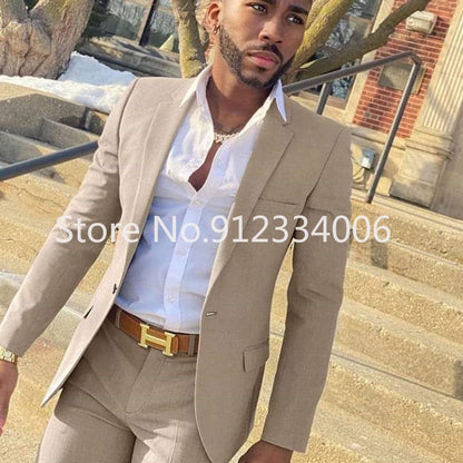 maoxiangshop 2 Pieces Beige Suit for Men Slim Fit Wedding Groom Tuxedo Groomsmen Suits Male Fashion Smoking Costume Homme Blazer with Pants