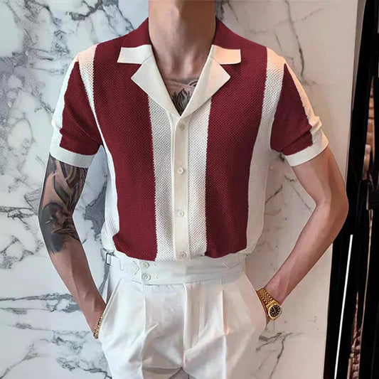 maoxiangshop Knitwear Mens Slim Knit Shirts Vintage Striped Contrast Color Knitted Cardigan Men Tops Summer Short Sleeve Button Lapel Shirt
