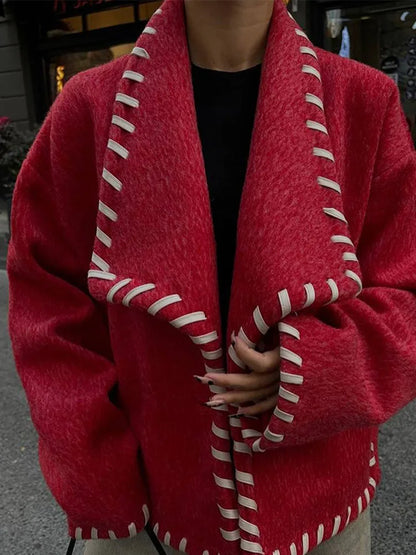 maoxiangshop  -  Wool Coat Women Plush Jackets Chic Laple Patchwork Long Sleeve Short Fleece Top 2024 Autumn Winter Fashion New Lady Streetwears