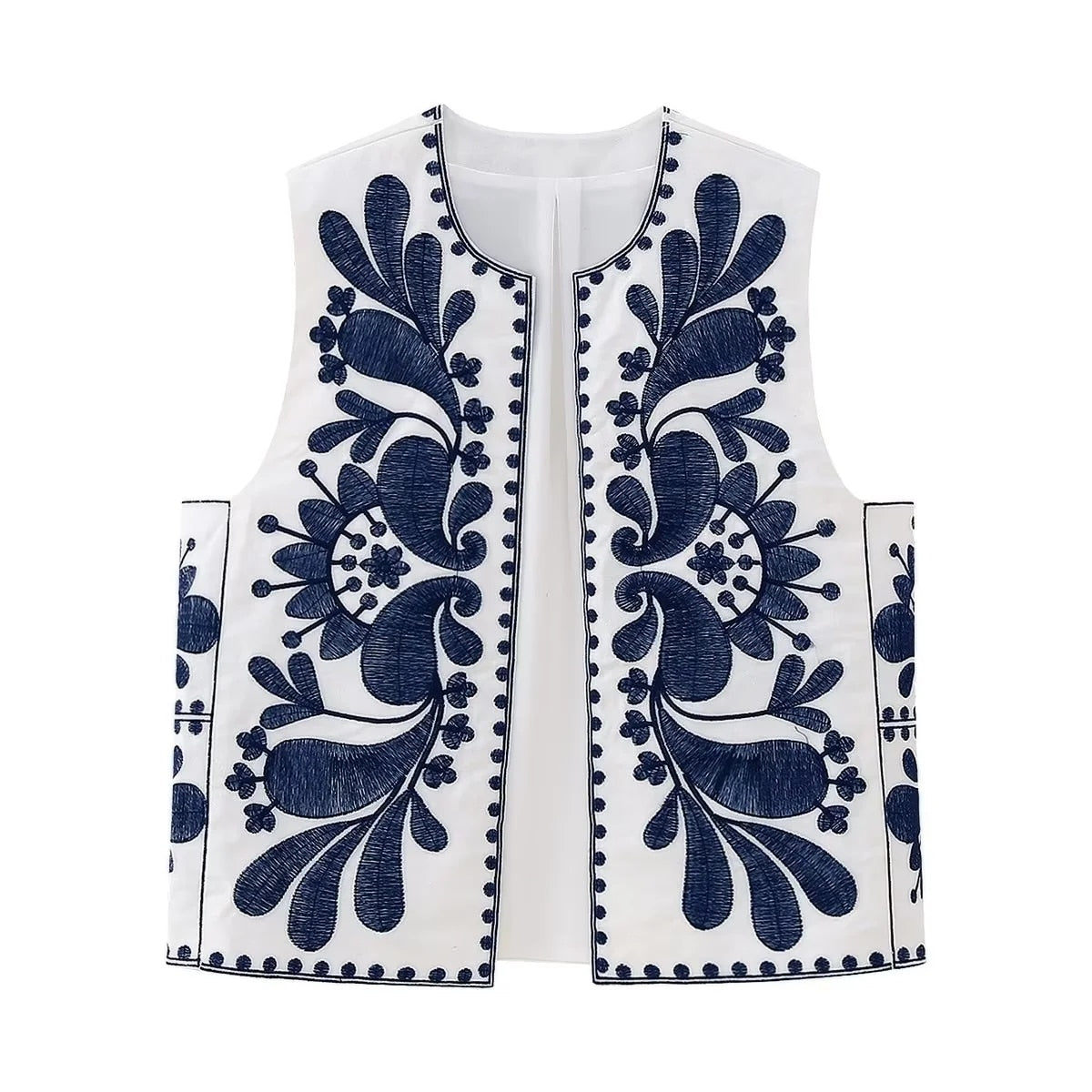 maoxiangshopWomen Fashion Y2k Vintage Floral Embroidery Vest Top V Neck Loose Casual Summer Woman Short Cardigan Waistcoat Chic Tops
