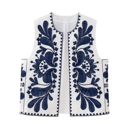 maoxiangshopWomen Fashion Y2k Vintage Floral Embroidery Vest Top V Neck Loose Casual Summer Woman Short Cardigan Waistcoat Chic Tops