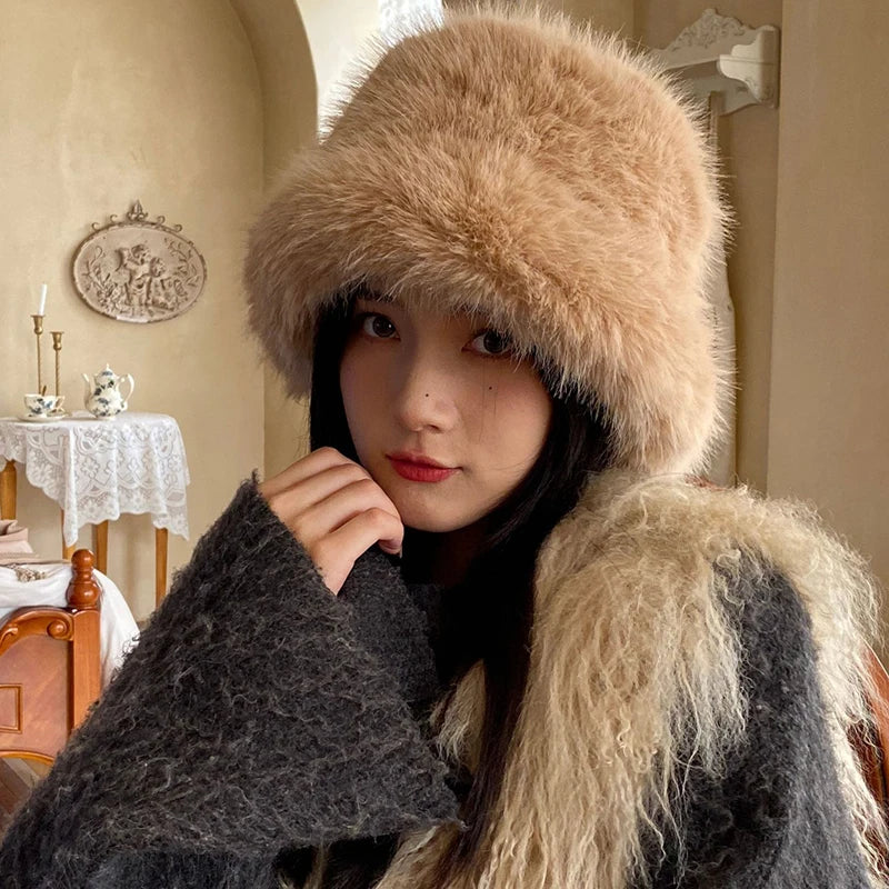 maoxiangshop  -  Y2K Fluffy Faux Fur Bucket Hat Women Winter Warm Thick Plush Ear Warmer Panama Fisherman Cap Lady Luxury Elegant Party Basin Hat