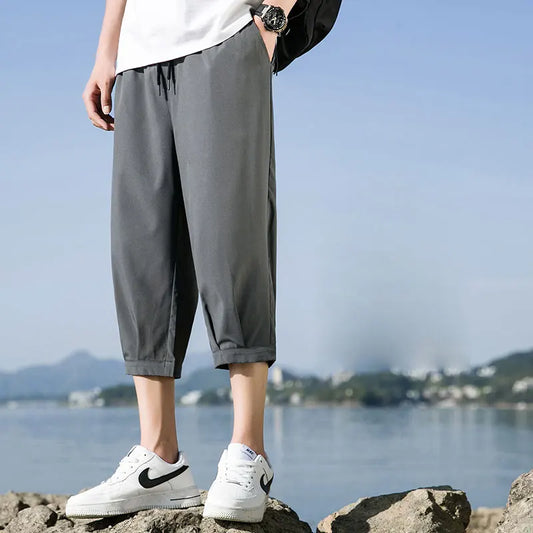 maoxiangshop Cropped Pants Men's Shorts Summer Ice Silk Trendy Straight Large Size Sports Casual Eight-point Medium Pants
