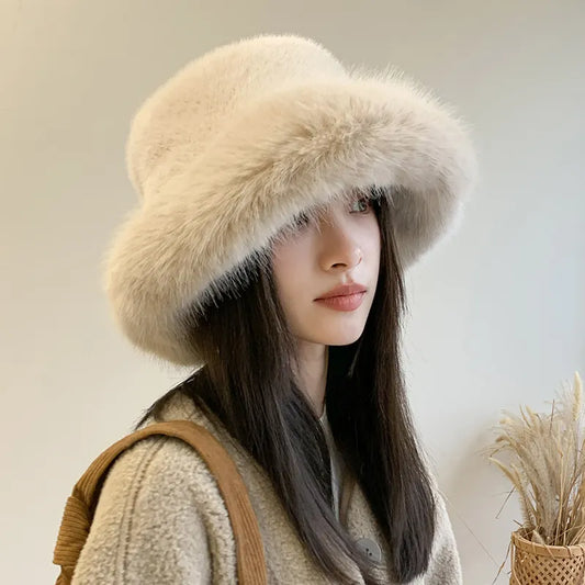 maoxiangshop Winter Hat for Women Faux Fur Fluffy Bucket Hat for Women Luxury Plush Hat Thicken Snow Oversized Fur Bucket Hat Soft Panama Cap