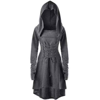 Autumn and Winter Women's Solid Color Festival Performance Dress With Long Sleeves and Hooded Lace-up Dress