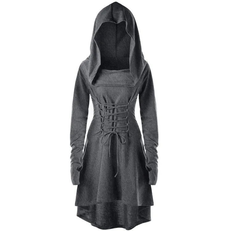 Autumn and Winter Women's Solid Color Festival Performance Dress With Long Sleeves and Hooded Lace-up Dress