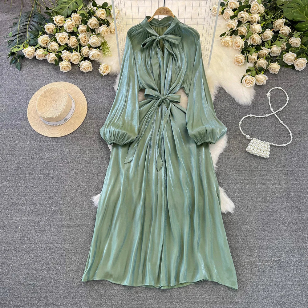 maoxiangshop Frenchic Vintage Long Dress Women Lace-up Bow Collar Lantern Sleeve Female Vestidos De Mujer Spring Elegant Dresses