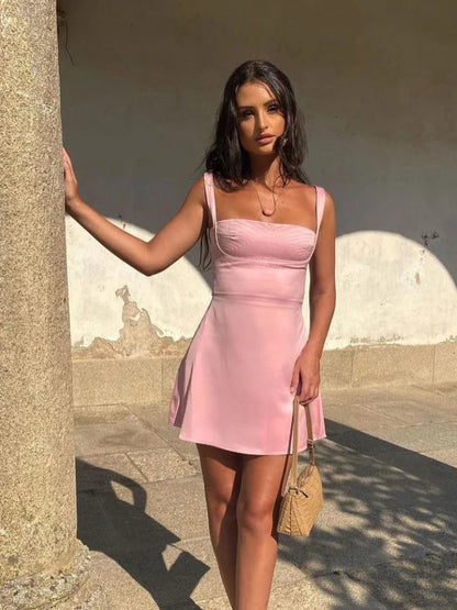 Birthday Dress for Women A-Line Pink Dress Sexy Satin Party Dresses Mini Casual Spaghetti Strap Graduation Dress