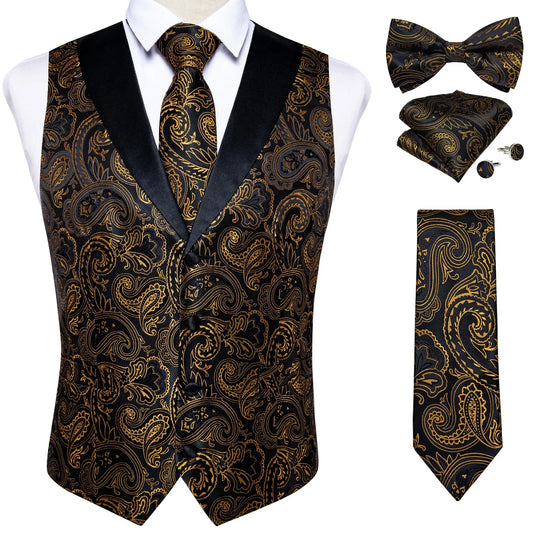 maoxiangshop Brand Suit Vest Set For Men Luxury Silk Black Gold Paisley Dress Vest Tie Cufflinks Handkerchief Set Male Sleeveless Waistcoat