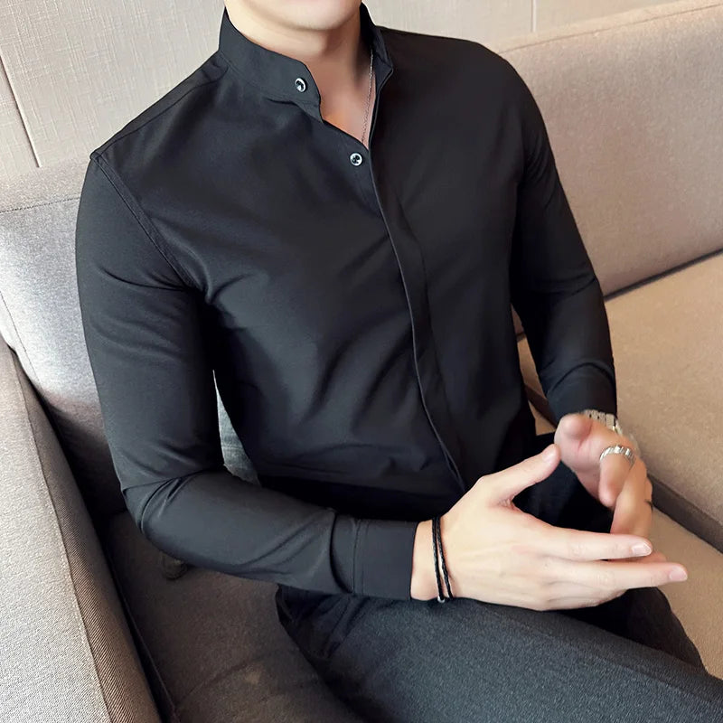 maoxiangshop Camisas De Hombre Stand Collar Luxury Shirts For Men Quality Camisa Masculina Stretch Slim Fit Mens Dress Shirts Formal Clothes