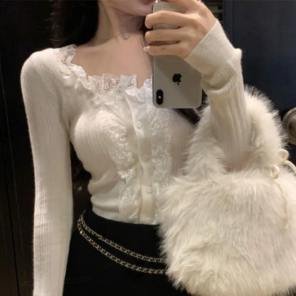 maoxiangshop Sexy Slim Lace Cardigan Women Hot Solid Knitted Slash Neck Autumn Winter Spliced Long Sleeve Stretchy Chic Ulzzang Female Mujer