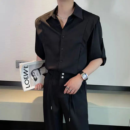 maoxiangshop Summer Ice Silk Men's Suits Casual Short Sleeve Shirt And Pants Two-piece Set Ruffled  Handsome Draped Korean Style Loose Set