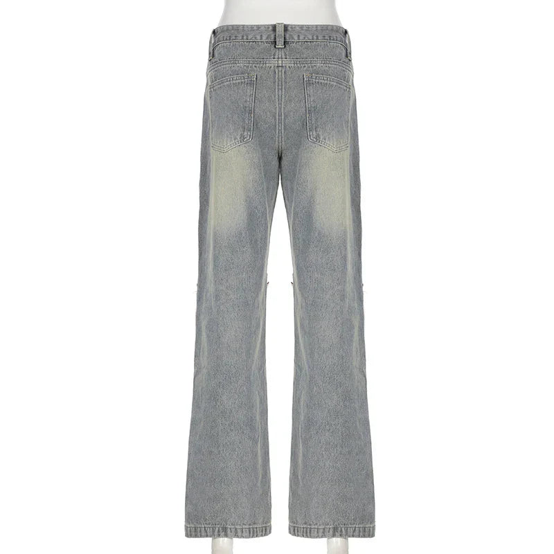 Streetwear Straight Leg Women Jeans Trousers Buttons Burr Distressed Casual Y2K Denim Pants Washed Bottons Fairycore