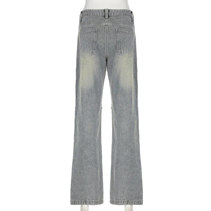 Streetwear Straight Leg Women Jeans Trousers Buttons Burr Distressed Casual Y2K Denim Pants Washed Bottons Fairycore