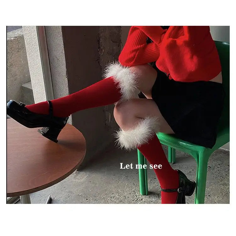 maoxiangshop  -  Winter Christmas New Year Red Socks Feather Lace Warm Long Socks for Women Japanese JK Girl Sweet Lolita Slim Sexy Stockings