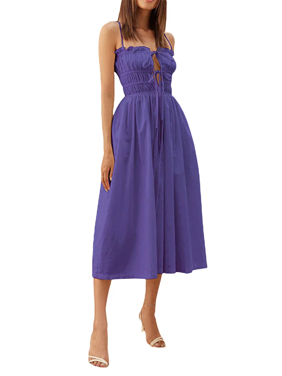 Women's Summer Slip Dress Solid Color Tie Front Spaghetti Strap Ruched Midi A-Line Dress