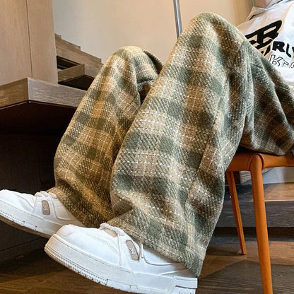 maoxiangshop Green Plaid Pants Men Harajuku Winter Wide Leg Checked Trousers Male Oversize Big Size Casual Sweatpants Streetwear 8XL