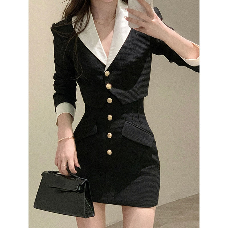 Black Y2k Mini Dress Women Casual Korean Style 2 Piece Dress Set Crop Tops Jacket Coats + Short Skirts Elegant Dress Autumn