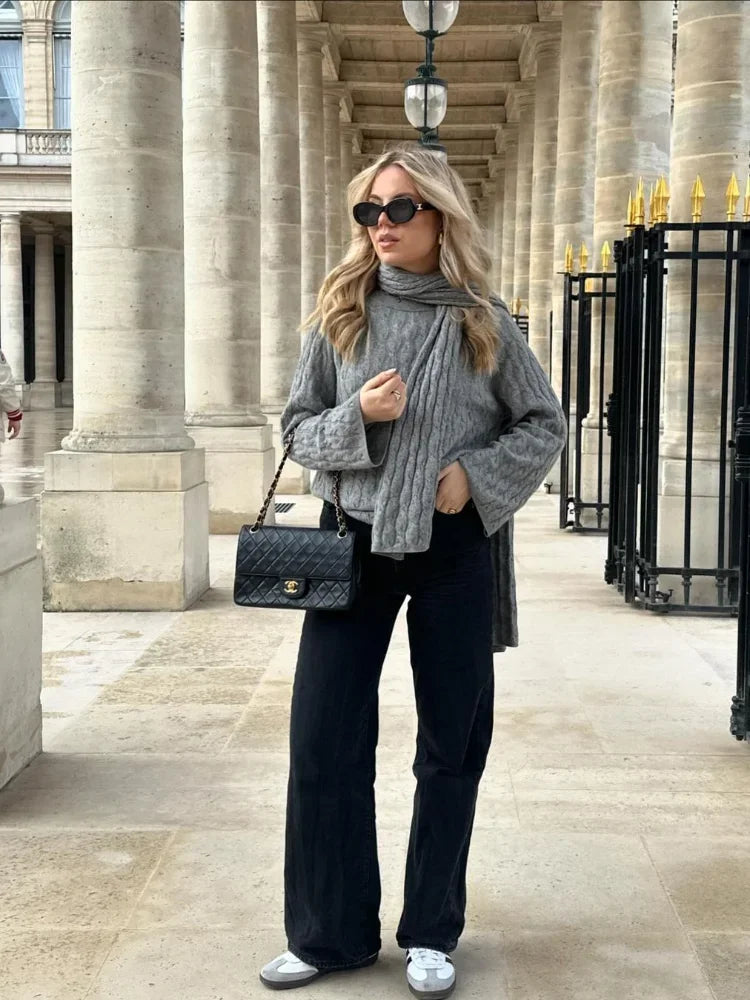 maoxiangshop  -  Women Casual Gray Knitted Sweater With Scarf Elegant Round Neck Long Sleeves Pullover 2024 Autumn Lady High Street Jumper Top