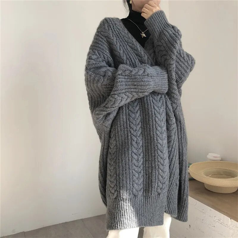 maoxiangshop Women Loose Warm Long Cardigan Coat Solid Long Sleeve Knit Thicken Sweater Coat Women Autumn Winter Streetwear Outerwear