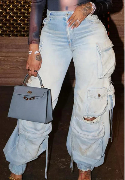 maoxiangshopY2K Women Korean Vintage Streetwear Baggy Ripped Jeans High Waiste Straight Wide Leg Pants Cargo Denim Trousers Grunge Clothes