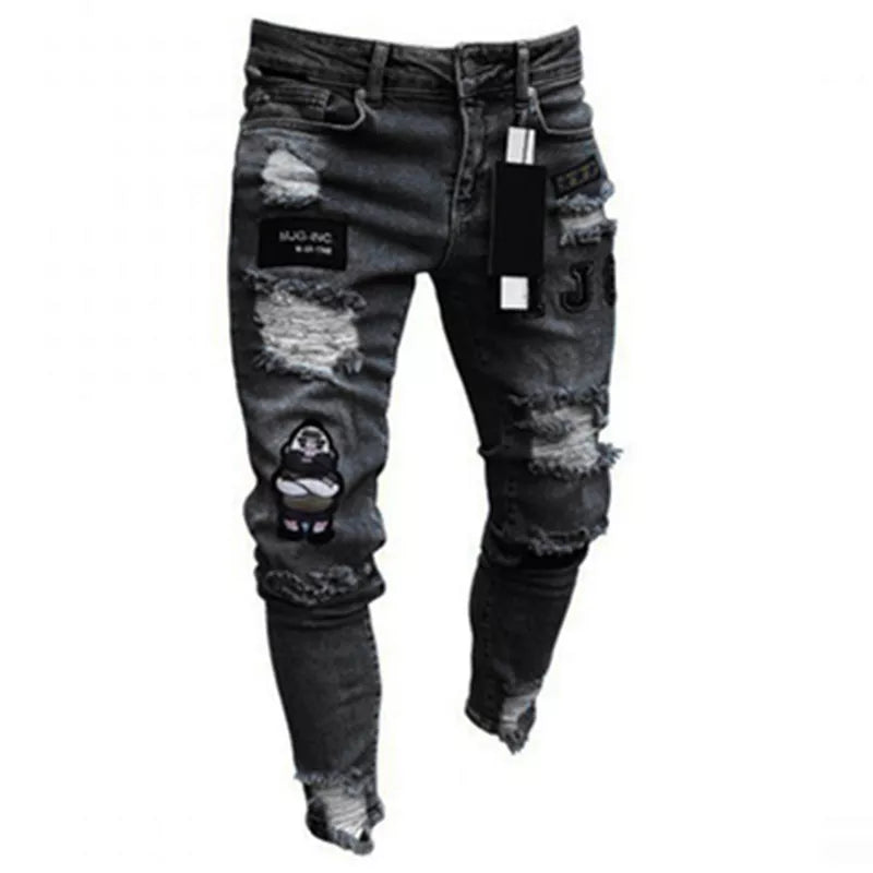 maoxiangshop Men Jeans Knee Hole Ripped Stretch Skinny Denim Pants Solid Color Black Blue Autumn Summer Hip-Hop Style Slim Fit Trousers S-4XL