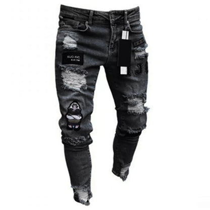 maoxiangshop Men Jeans Knee Hole Ripped Stretch Skinny Denim Pants Solid Color Black Blue Autumn Summer Hip-Hop Style Slim Fit Trousers S-4XL