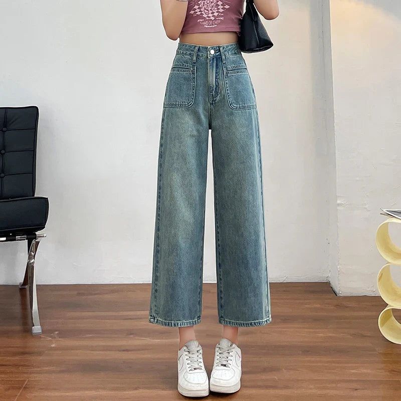 maoxiangshop Women Jeans New Straight Leg Wide Streetwear High Waist Boyfriend Pockets Denim Trousers Cargo Pants Japanese Y2k