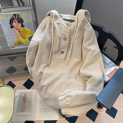 Women Streetwear Corduroy Hoodies Autumn Korean Fashion Female Loose Sweatshirt Y2K Casual All Match Button Coats New