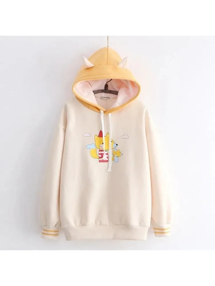 maoxiangshop Harakuju Cartoon Fox Print Casual Pullover Hoodies Women Winter Long Sleeve Hooded Sweatshirt Girly Loose Female Fleece Top