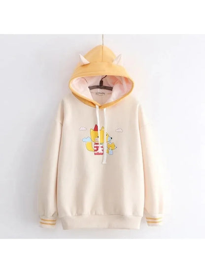 maoxiangshop Harakuju Cartoon Fox Print Casual Pullover Hoodies Women Winter Long Sleeve Hooded Sweatshirt Girly Loose Female Fleece Top