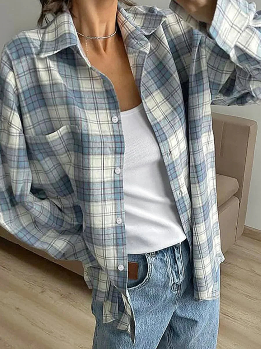 maoxiangshop  -  2024 New Classic Plaid Blouse Women Casual Long Sleeve Turndown Collar Shirts Autumn Spring Simple Fashion Blouse Outerwear Lady
