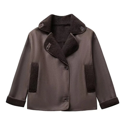 maoxiangshop  -  Casual Lapel Thick Faux Leather Jackets Women Vintage Single-Breasted Warm Wool Blends Coats Female Winter High Street Outwears