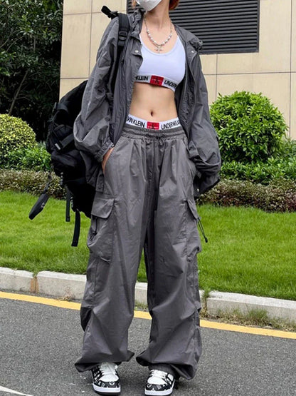 Y2K Parachute Black Pants Women Hippie Streetwear Oversize Pockets Cargo Trousers Harajuku Wide Leg Baggy Sweatpants